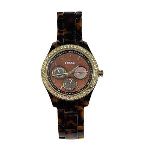 Fossil Stella Watch Women Rhinestone Brown Faux Tortoise Resin -New Battery 6.5"